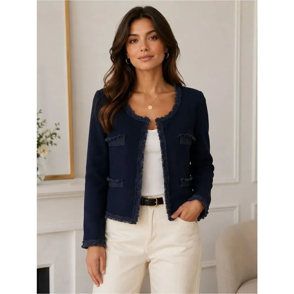 Marella Navy Blue Linen Blend Jersey Crop Blazer Jacket Size M